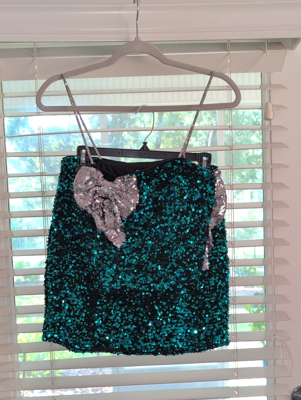 Teal Sequin Spaghetti Strap Top With Silver Bow And Matching Mini Skirt